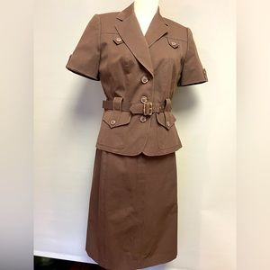 Tahari two piece skirt suit. Safari style jacket, straight knee length skirt.
